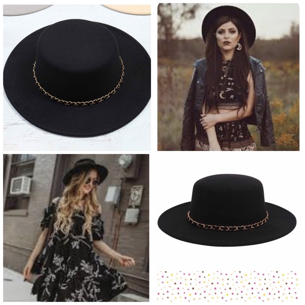 Boho Flat Brim Black Hat with Chain Accent